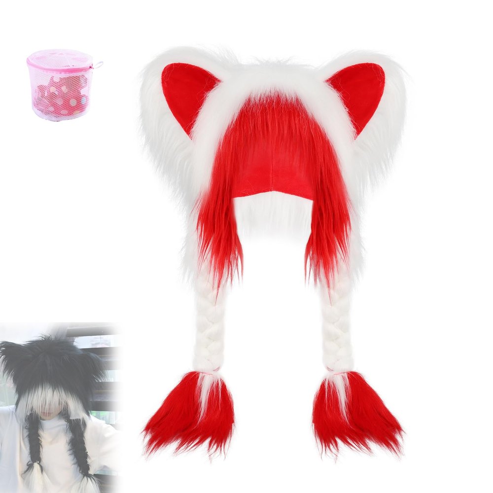 Soft Furry Animal Ear Hat with Braids, Cute Plush Cat Hat, Cat Ear Hat with Braids, For Adults Cosplay Accessory (white+red)