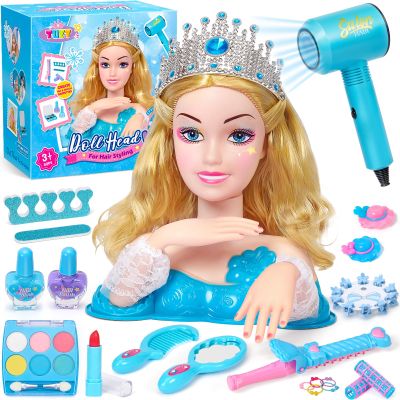 Cleboen Doll Head for Hair Styling Kids, 32Pcs Hair Salon Toy with Real Washable Makeup kit & Hair Dryer, Pretend Play Toys Blue Princess Accessories, Birthday Gift for Girls Age 3 4 5 6 7 8 9 10