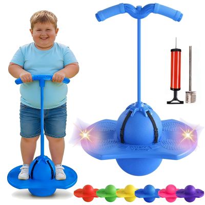 Balance Jumping Ball, Crazy Jumper Jump Ball, Balance Board with Handle & Non-Slip Footpads, Up to 600lb, Silent Design for Indoor Outdoor Use, Balance, Coordination, and Fitness (Blue with lights)