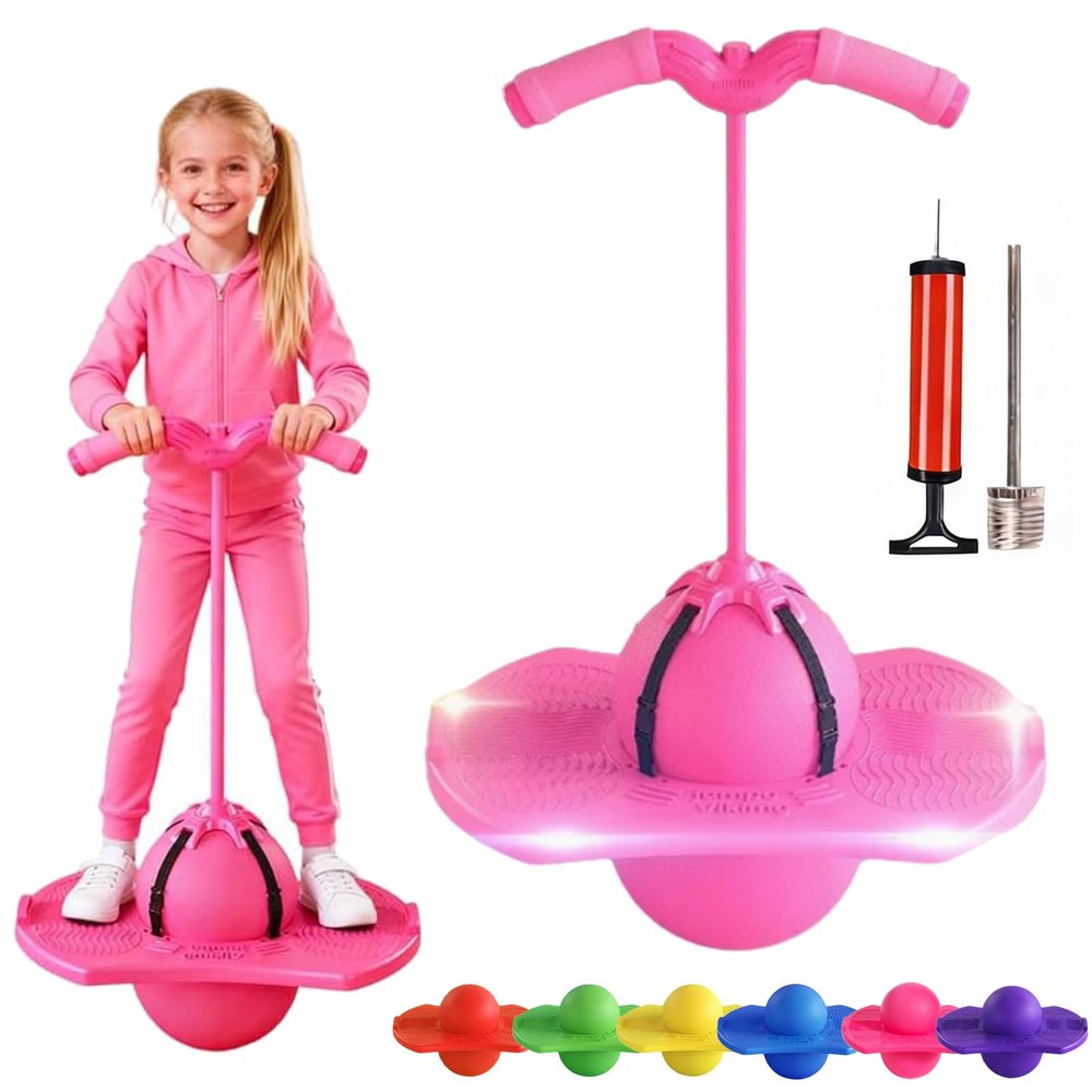 Balance Jumping Ball, Crazy Jumper Jump Ball, Balance Board with Handle & Non-Slip Footpads, Up to 600lb, Silent Design for Indoor Outdoor Use, Balance, Coordination, and Fitness (Pink with lights)