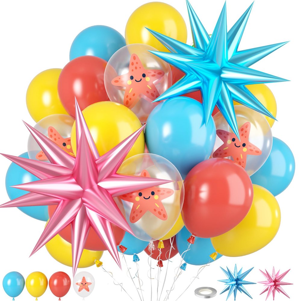 Blue And Yellow Balloons, Blue Yellow Pink Balloons, Transparent Starfish Marine Animals Print Balloon With Star Foil Balloon For Sea Ocean Seabed Beach Themed Birthday Party Baby Shower Wedding Decor