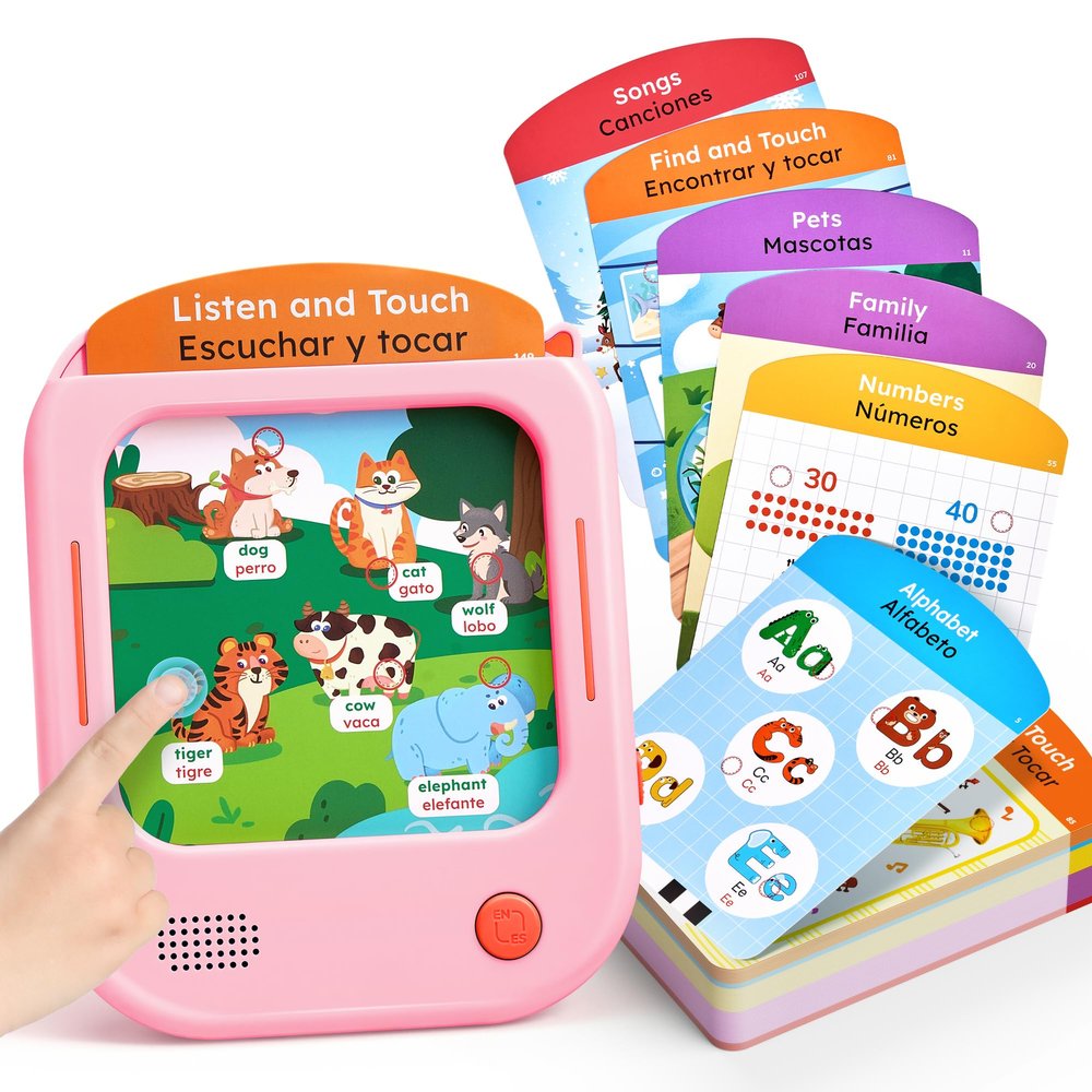 JoyCat Bilingual Kids Learning Tablet, English & Spanish Talking Flash Cards with 106 Pages, 20 Interactive Games, Montessori Learning Toy for Alphabet, Words, Numbers & Songs, Gift for Toddlers 2-6