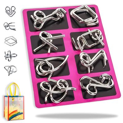 Metal Montessori Puzzle Solving, Metal Montessori Puzzles, 3D Interlocking Metals Wire IQ Logic Game, Challenging Iron Ring Puzzle with Pouch, for Office Travel Classroom Party Use (Pink)