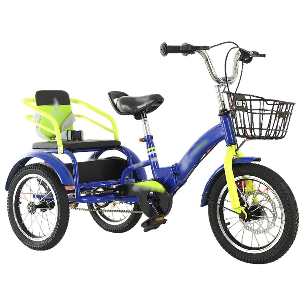 Cruiser Tricycles/ Tandem Trike Bike with Back Seat & Basket, 3 - 11 Age Tricycle Rickshaw Single Brake on Front Wheel, Toddler/ Kids/ Childs Heavy Duty 3 Wheels Bicycle Foldable Portable(Blue,20")