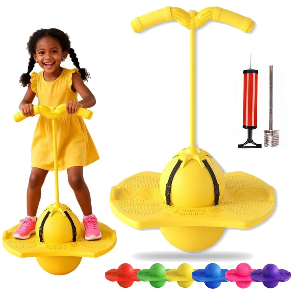 Balance Jumping Ball, Crazy Jumper Jump Ball, Balance Board with Handle & Non-Slip Footpads, Up to 600lb, Silent Design for Indoor Outdoor Use, Balance, Coordination, and Fitness (Yellow)