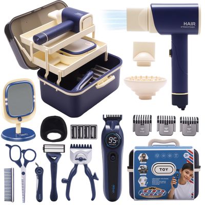Pretend Play Toys for Kids,Toddler Shaving Kit Barbershop Accessories Hair Salon Set with 3-Tier Storage Box , Realistic Hair Clipper & Blow Dryer, Birthday Gifts for Boys Girls Ages 3-8