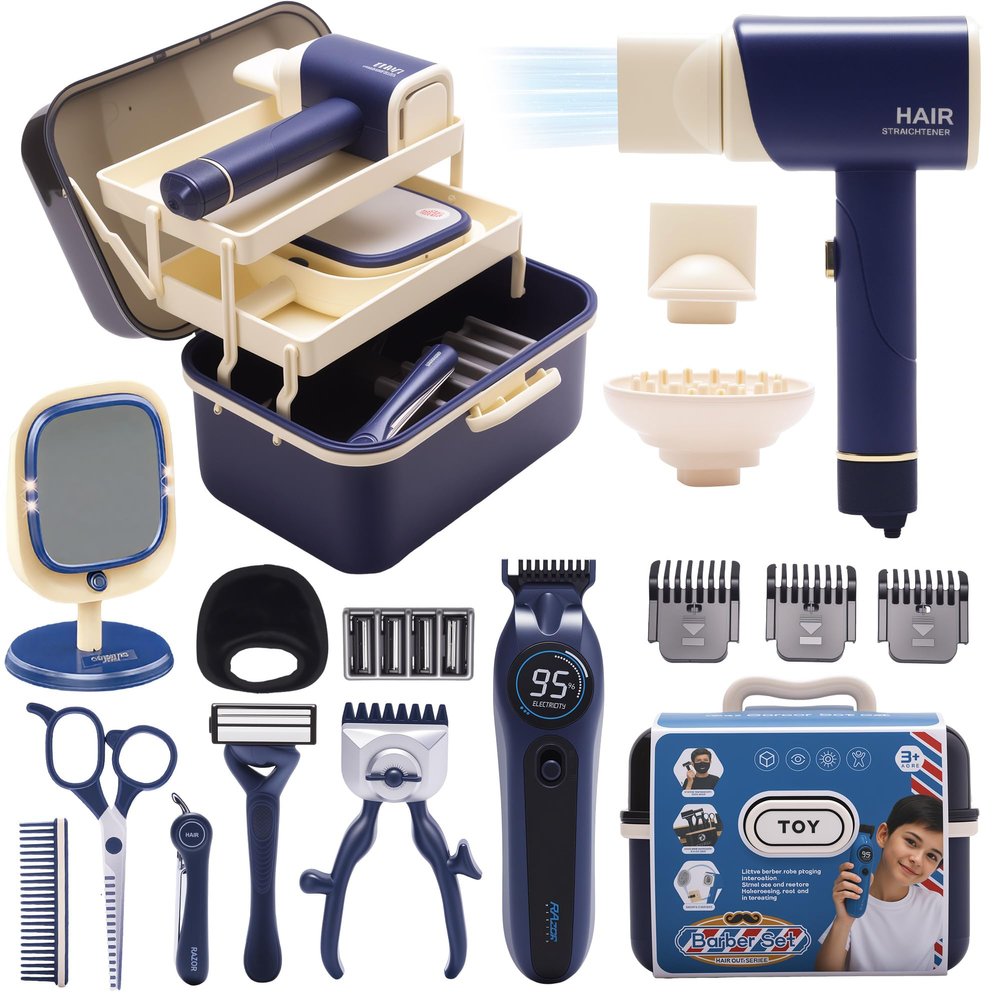 Pretend Play Toys for Kids,Toddler Shaving Kit Barbershop Accessories Hair Salon Set with 3-Tier Storage Box , Realistic Hair Clipper & Blow Dryer, Birthday Gifts for Boys Girls Ages 3-8