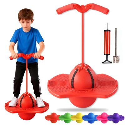 Balance Jumping Ball, Crazy Jumper Jump Ball, Balance Board with Handle & Non-Slip Footpads, Up to 600lb, Silent Design for Indoor Outdoor Use, Balance, Coordination, and Fitness (Red)