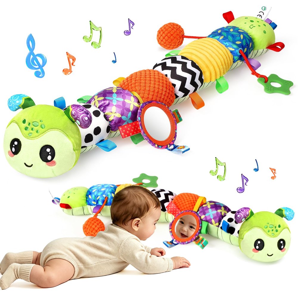 Baby Toys 0-6 6-12 Months, Musical Stuffed Caterpillar Animal Infant Sensory Toys for 3 6 9 12 18 Months, Tummy Time Toys with Mirror Crinkle Rattle Toys for Newborn Boys Girls Gifts