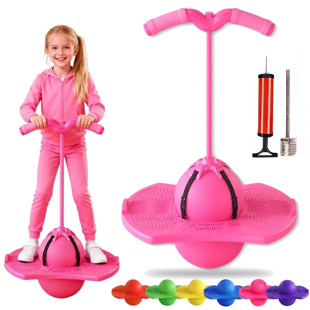 Balance Jumping Ball, Crazy Jumper Jump Ball, Balance Board with Handle & Non-Slip Footpads, Up to 600lb, Silent Design for Indoor Outdoor Use, Balance, Coordination, and Fitness (Pink)