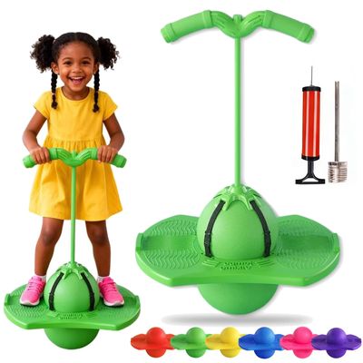 Balance Jumping Ball, Crazy Jumper Jump Ball, Balance Board with Handle & Non-Slip Footpads, Up to 600lb, Silent Design for Indoor Outdoor Use, Balance, Coordination, and Fitness (Green)