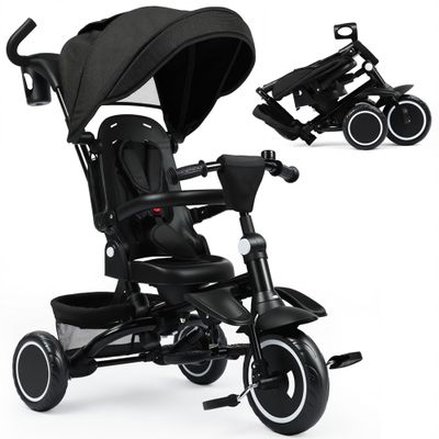 TODEFULL Folding Kids Tricycle, 8 in 1 Toddler Trike W/Removable & 1 Step Brake, Adjustable Canopy, Parent Handle, 5-Piont Harness, Toddler Bike Tricycle for Kids 1-6 Years, Storage Basket, Black