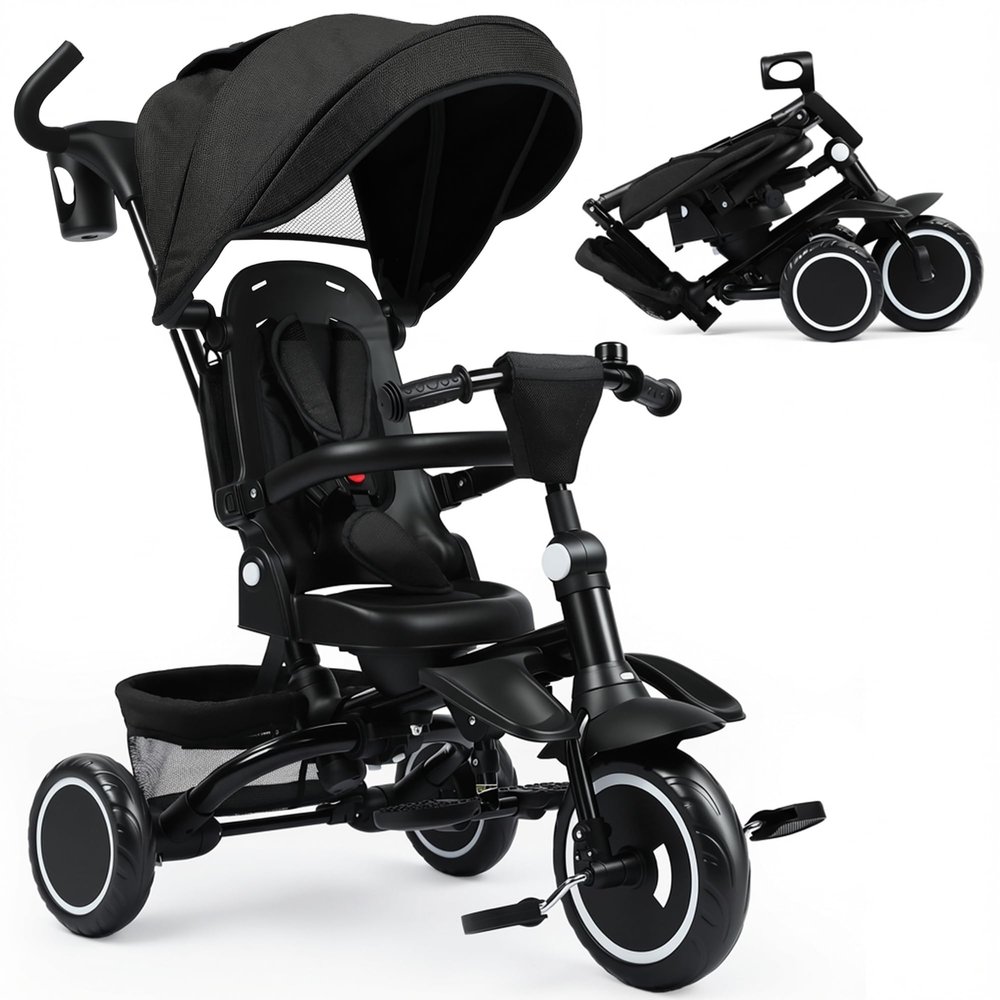 TODEFULL Folding Kids Tricycle, 8 in 1 Toddler Trike W/Removable & 1 Step Brake, Adjustable Canopy, Parent Handle, 5-Piont Harness, Toddler Bike Tricycle for Kids 1-6 Years, Storage Basket, Black