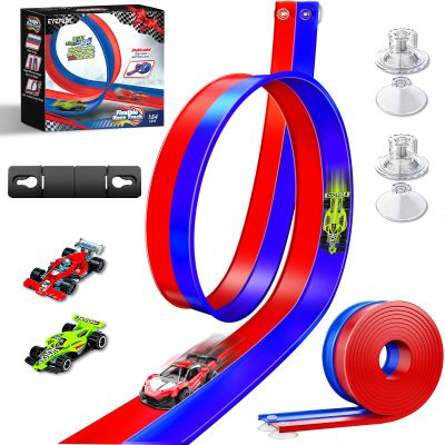16 Ft Flexible Race Car Track for Kids, Double-Sided Racetrack with Suction Cups, Compatible with Diecast 1/64th Cars, Portable Roll Up DIY Track Set, Gift for Boys Girls Ages 3+