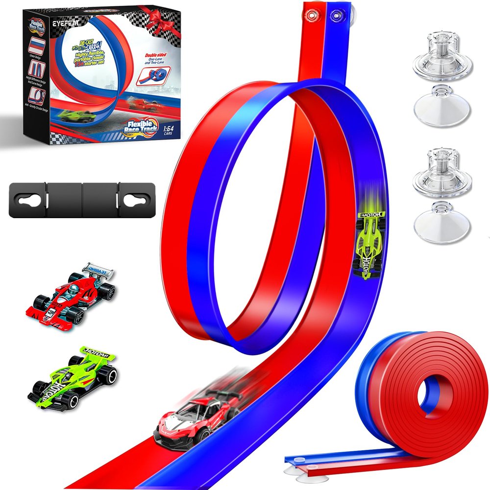 16 Ft Flexible Race Car Track for Kids, Double-Sided Racetrack with Suction Cups, Compatible with Diecast 1/64th Cars, Portable Roll Up DIY Track Set, Gift for Boys Girls Ages 3+