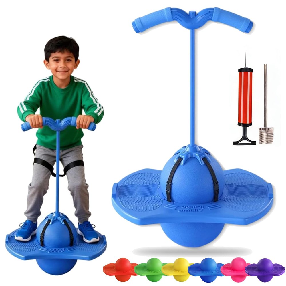 Balance Jumping Ball, Crazy Jumper Jump Ball, Balance Board with Handle & Non-Slip Footpads, Up to 600lb, Silent Design for Indoor Outdoor Use, Balance, Coordination, and Fitness (Blue)