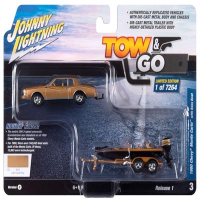 1 to 64 Scale 1980 Chevrolet Monte Carlo Light Camel Gold Metallic with Bass Boat & Trailer Limited Edition to 7264 Piece Worldwide Tow & Go Series Diecast Model Car