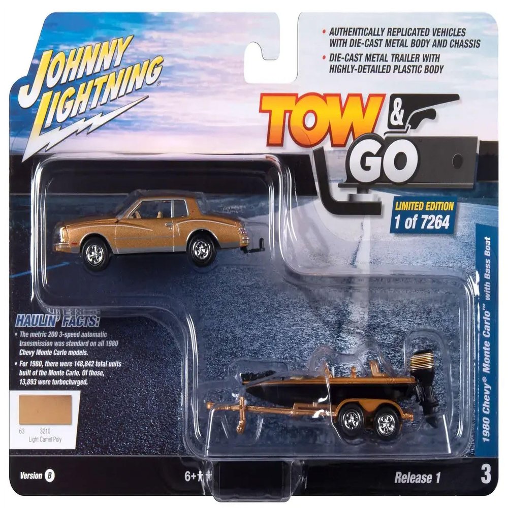 1 to 64 Scale 1980 Chevrolet Monte Carlo Light Camel Gold Metallic with Bass Boat & Trailer Limited Edition to 7264 Piece Worldwide Tow & Go Series Diecast Model Car