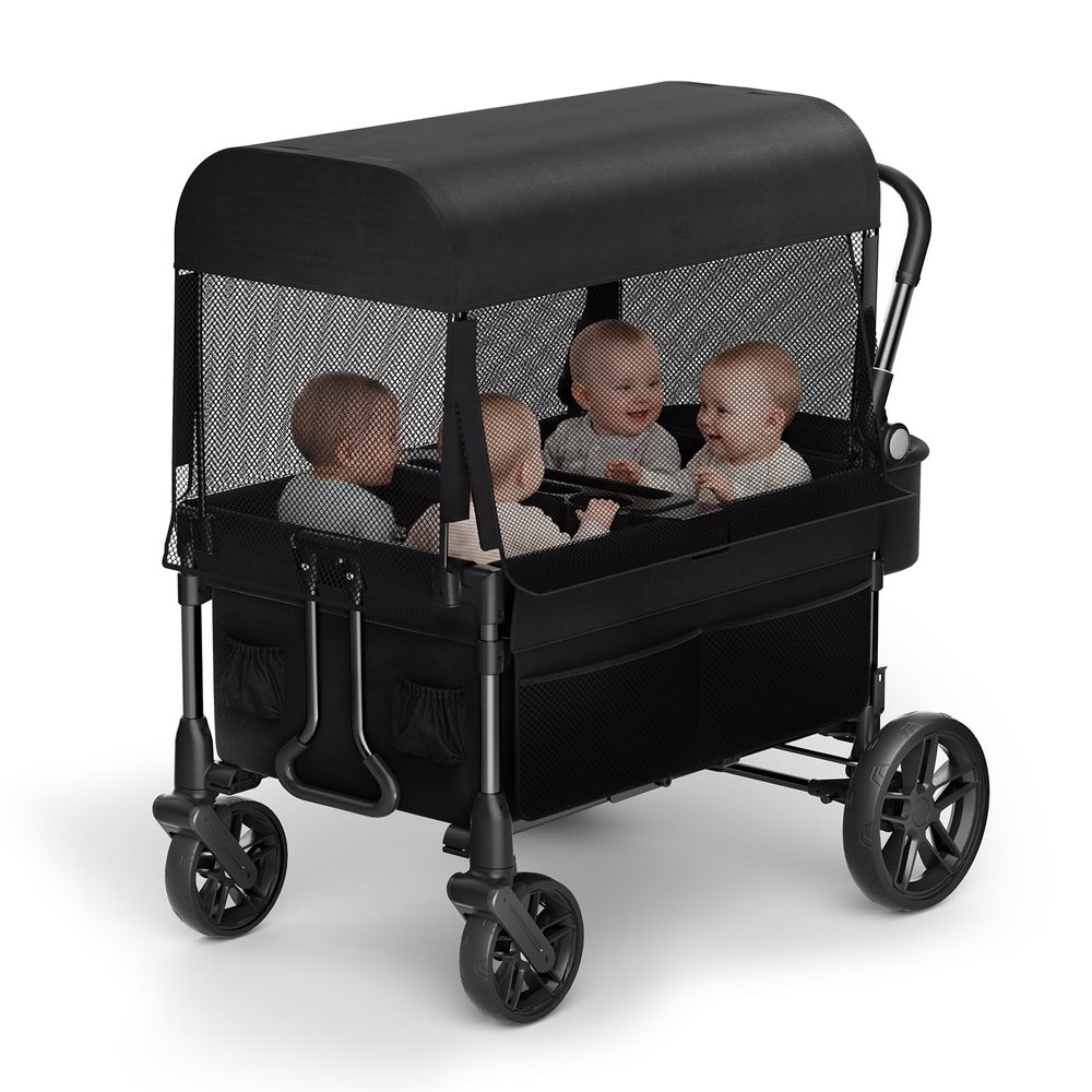 Fldofaves Wagon Stroller for Kids, 4-Seat Kid Wagon for Toddlers, Multi-Child Baby Wagon Stroller, Heavy-Duty Kids Wagon with Canopy, Large Foldable Toddler Stroller Wagon for Outdoor Travel