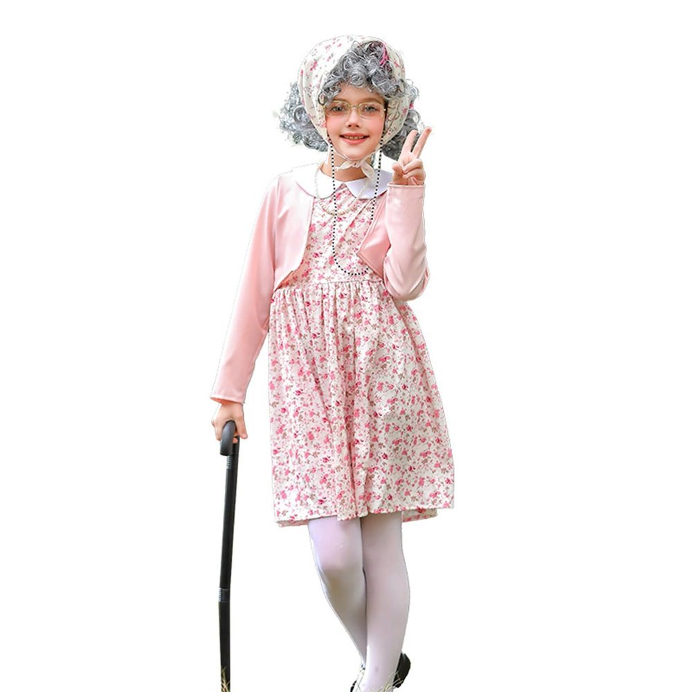 100 Days of School Outfit for Kids Girl 10 Piece Set Cardigan Skirt Headscarf Glasses Wig Necklace (Pink, 11-12 Years)