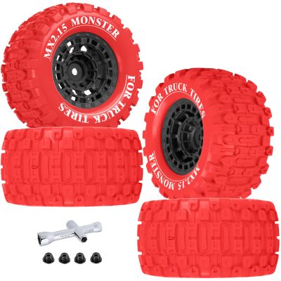 RCarmumb 100 * 52MM 1/16 RC Monster Truck Tires 12mm Hex Adapters All-Terrain Traction Tires fit for Mini Maxx/Mini XRT, MJX 16207/16208/16209/16210,HSP 94186,E-Revo,L0S1,1/18 Mini LMT,Red&Black