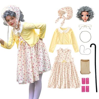 100 Days of School Set for Kids Old Lady Wig Granny Grandma Dress 100th Day of School Suit (Yellow, 11-12 Years)