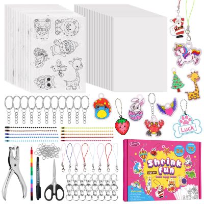 201pcs Shrink Paper Keychain Kit, 24 Blank & 12 Pre-Cut Sheets (75 Patterns) Crafts Kits for Kids Adults, Shrinking Art Activity Set with Hole Punch & Keychain Jewelry Accessories for DIY Crafts