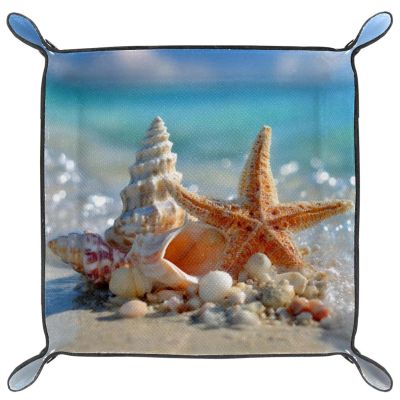 Microfiber Leather Dice Trays Folding for RPG DND Table Games, Dice Holder Storage Box Portable Folding Rolling Dice Tray Starfish Conch and Sea, 20.5x20.5cm