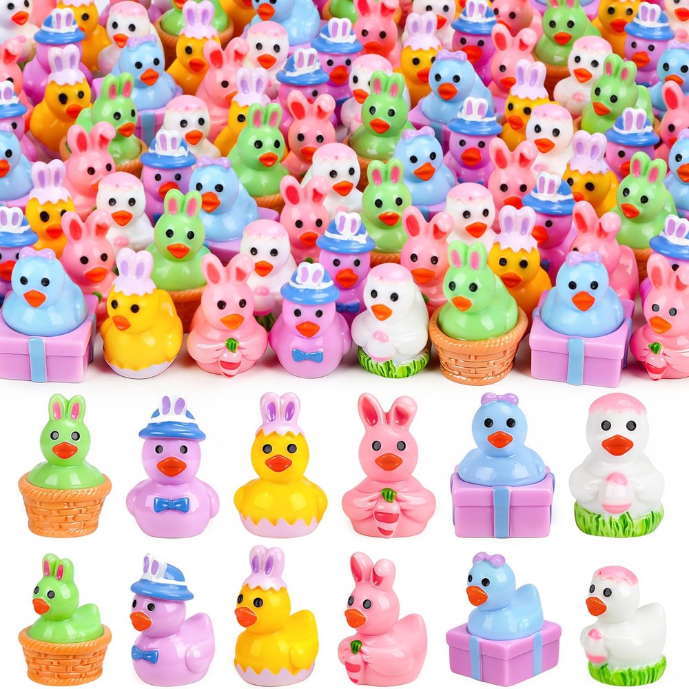 120 Pcs Easter Mini Ducks 6 Styles Miniature Resin Duck Figures to Hide Bulk Bunny Ear Egg Carrot Basket Eggshell Ducks for Easter Party Favors Home Tabletop Fairy Garden Landscape Potted Decor