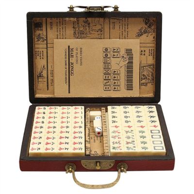 Antique Style Mahjong Set with English Instruction Manual, 144-Tile Standard Edition Chinese Mahjong for Travel & Party Entertainment, Includes 2 Spare Cards & Dice, Portable Family Gathering Game (1)