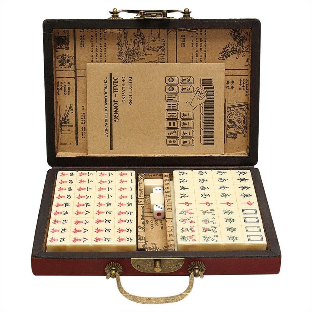 Antique Style Mahjong Set with English Instruction Manual, 144-Tile Standard Edition Chinese Mahjong for Travel & Party Entertainment, Includes 2 Spare Cards & Dice, Portable Family Gathering Game (1)