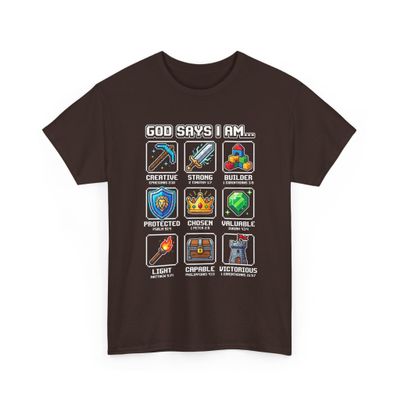 God Says I Am Christian Pixel Art Gamer Bible Verse Religious Faith Retro Video Game Mining Crafting Dark Chocolate