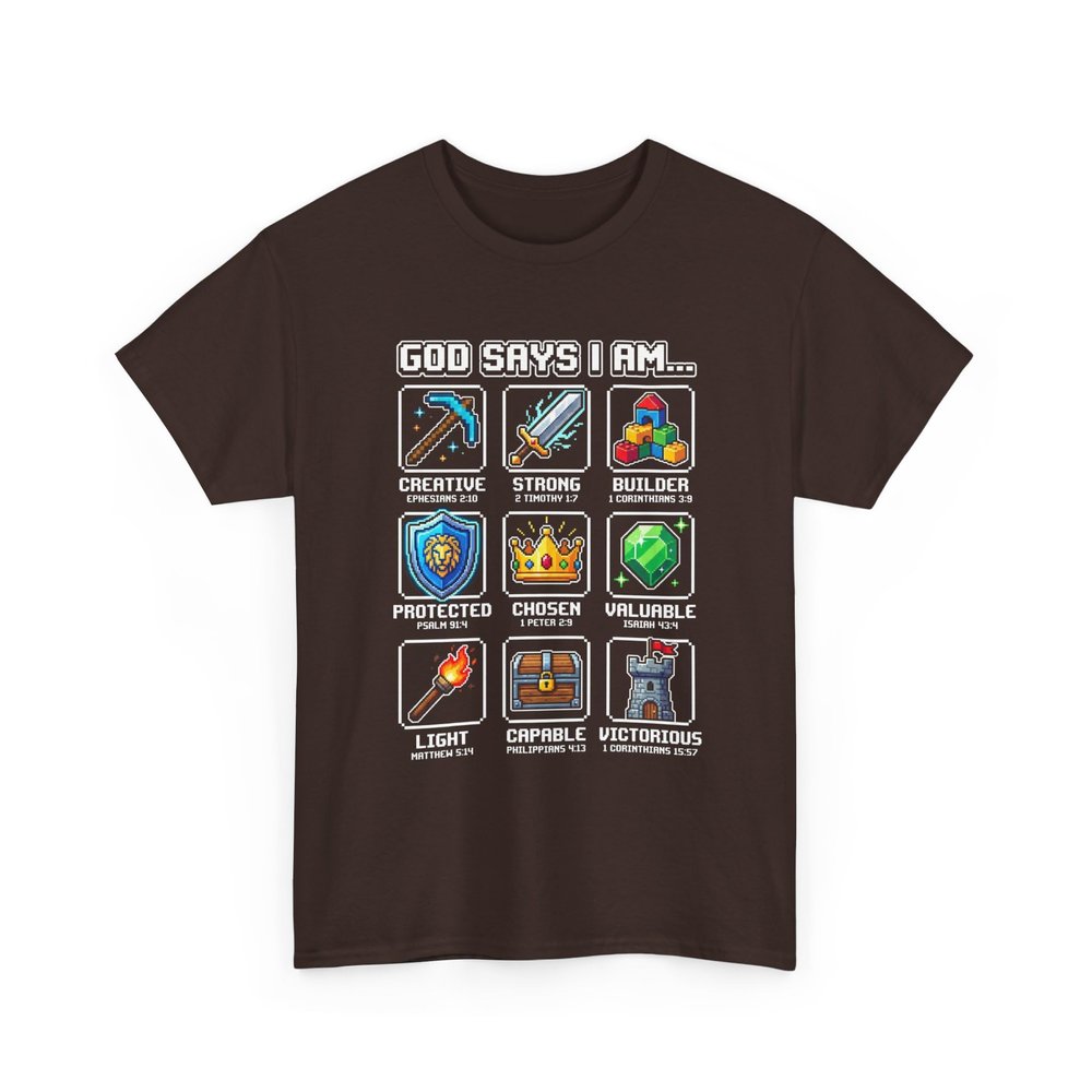 God Says I Am Christian Pixel Art Gamer Bible Verse Religious Faith Retro Video Game Mining Crafting Dark Chocolate
