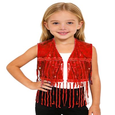 HULIJA Kids Girls Tassel Sequin Cowgirl Vest Sleeveless Top Open Front Fringe Jacket Shiny Party Concert Outfit Red 10 Years