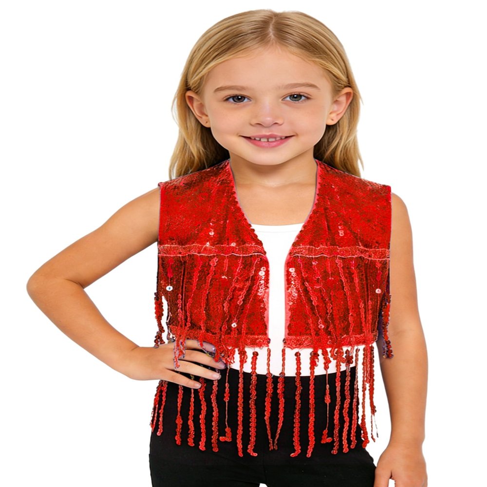 HULIJA Kids Girls Tassel Sequin Cowgirl Vest Sleeveless Top Open Front Fringe Jacket Shiny Party Concert Outfit Red 10 Years
