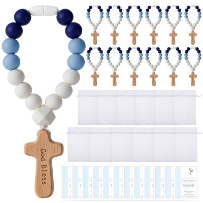 12 Pcs Baptism Rosary Beads with Wood Cross, Catholic Silicone Baby Rosary Bulk with White Mesh Bags Cards, Baptism First Communion Christian Party Favors