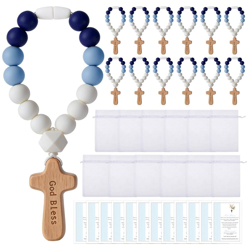 12 Pcs Baptism Rosary Beads with Wood Cross, Catholic Silicone Baby Rosary Bulk with White Mesh Bags Cards, Baptism First Communion Christian Party Favors
