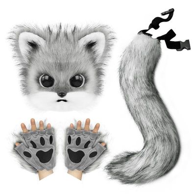 3Pcs Fursuit Fox Mask Claws Tail Set,Kawayi Plush Furry Kig Mask,Anime Animal Fursuit Cat Fox Headgear Outfit (Grey)