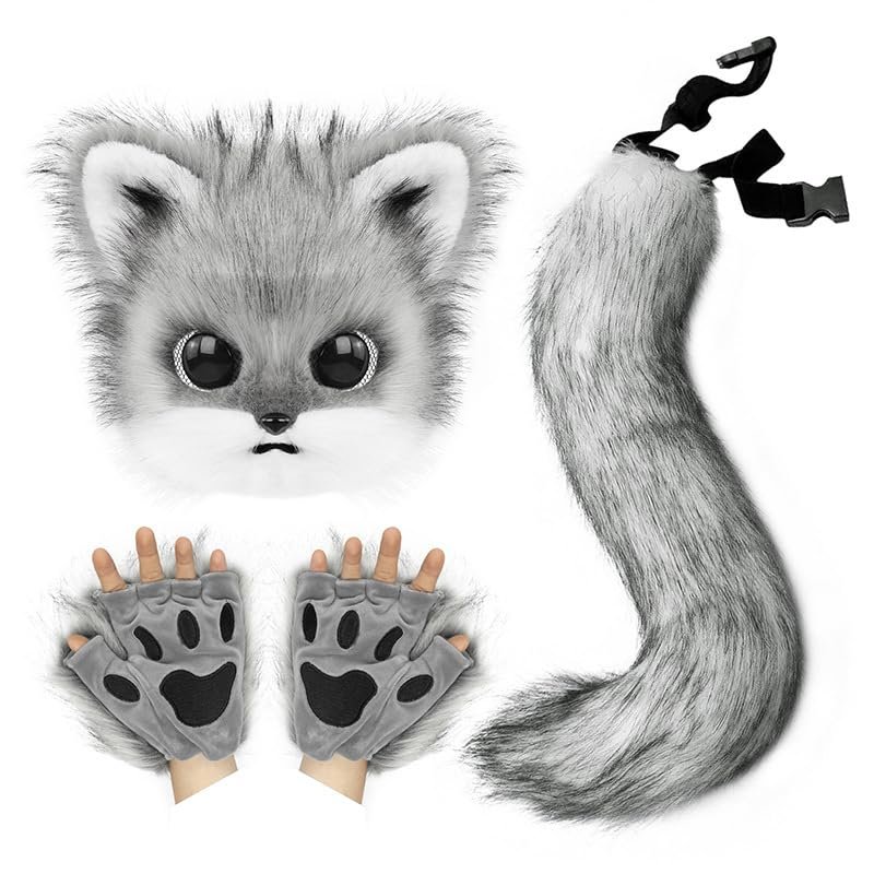 3Pcs Fursuit Fox Mask Claws Tail Set,Kawayi Plush Furry Kig Mask,Anime Animal Fursuit Cat Fox Headgear Outfit (Grey)