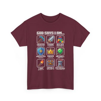 God Says I Am Christian Pixel Art Gamer Bible Verse Religious Faith Retro Video Game Mining Crafting Maroon