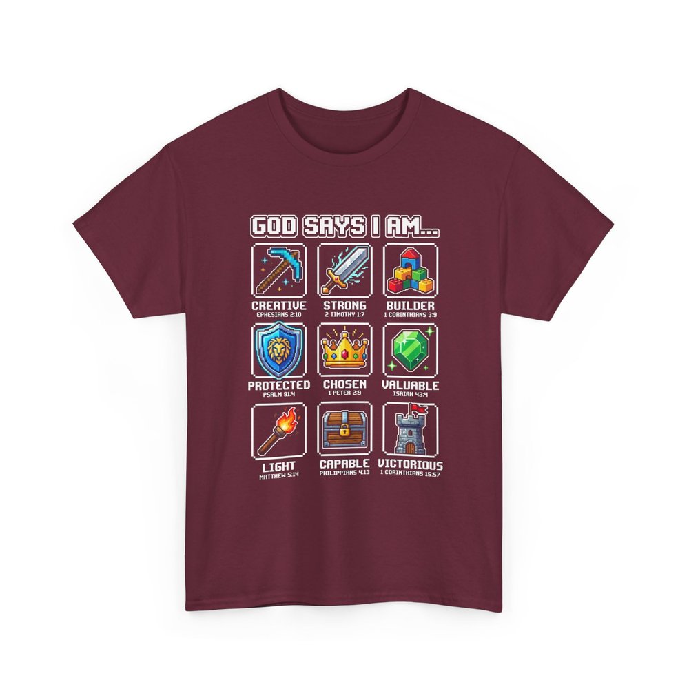 God Says I Am Christian Pixel Art Gamer Bible Verse Religious Faith Retro Video Game Mining Crafting Maroon