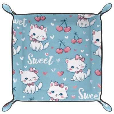 Microfiber Leather Dice Trays Folding for RPG DND Table Games, Dice Holder Storage Box Portable Folding Rolling Dice Tray Sweet Cherry Cats, 20.5x20.5cm