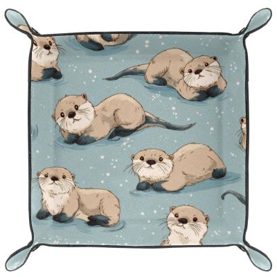 Microfiber Leather Dice Trays Folding for RPG DND Table Games, Dice Holder Storage Box Portable Folding Rolling Dice Tray Cartoon Otters Blue, 20.5x20.5cm