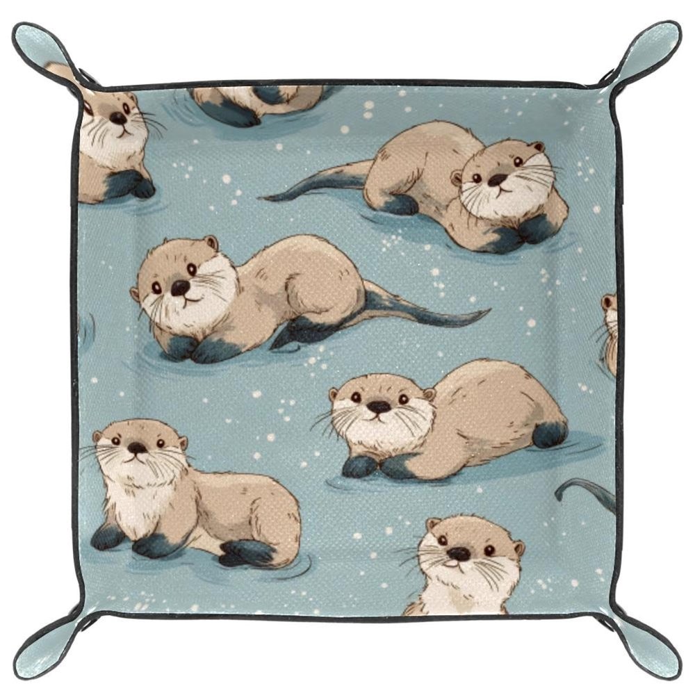Microfiber Leather Dice Trays Folding for RPG DND Table Games, Dice Holder Storage Box Portable Folding Rolling Dice Tray Cartoon Otters Blue, 20.5x20.5cm