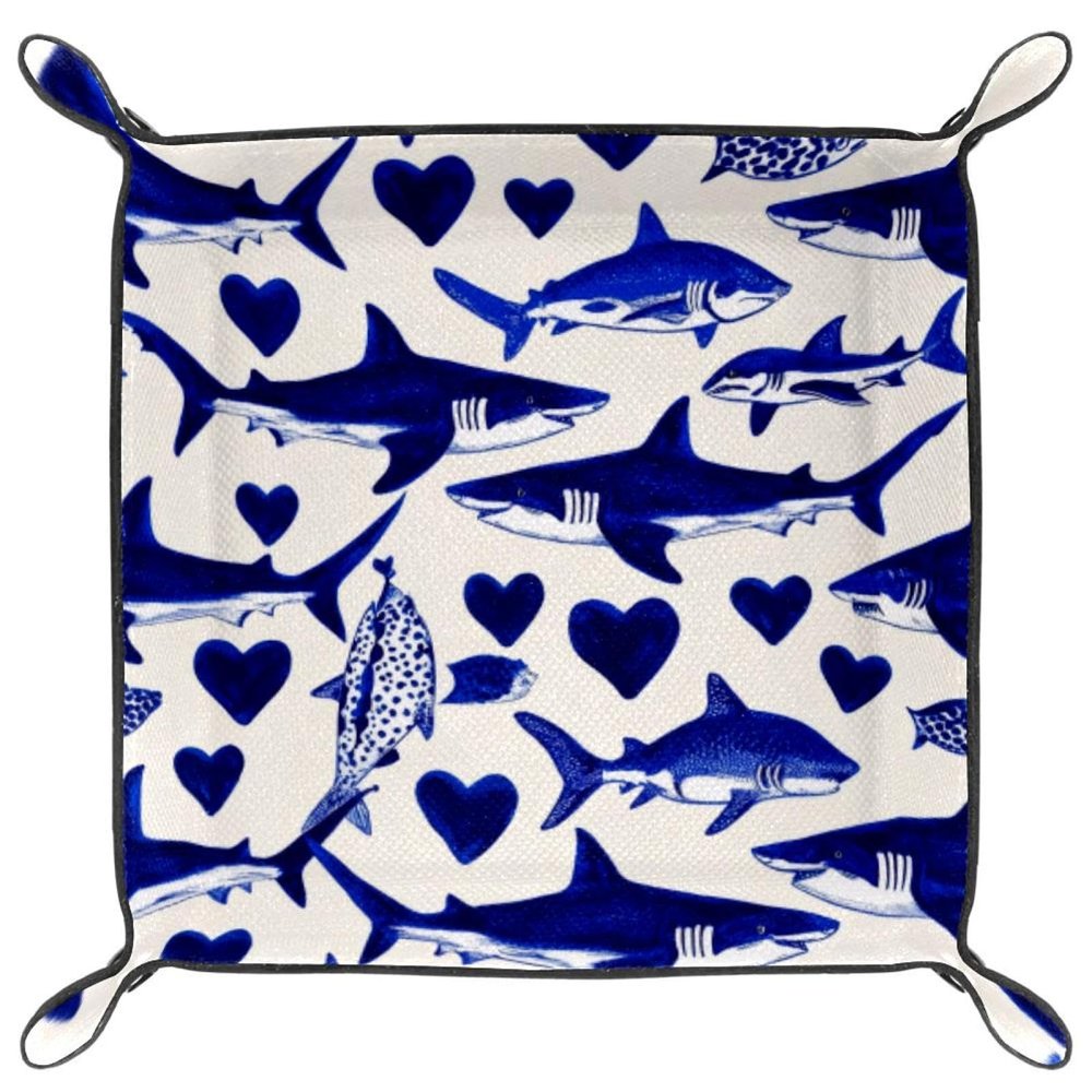 Microfiber Leather Dice Trays Folding for RPG DND Table Games, Dice Holder Storage Box Portable Folding Rolling Dice Tray Blue Sharks Hearts, 20.5x20.5cm