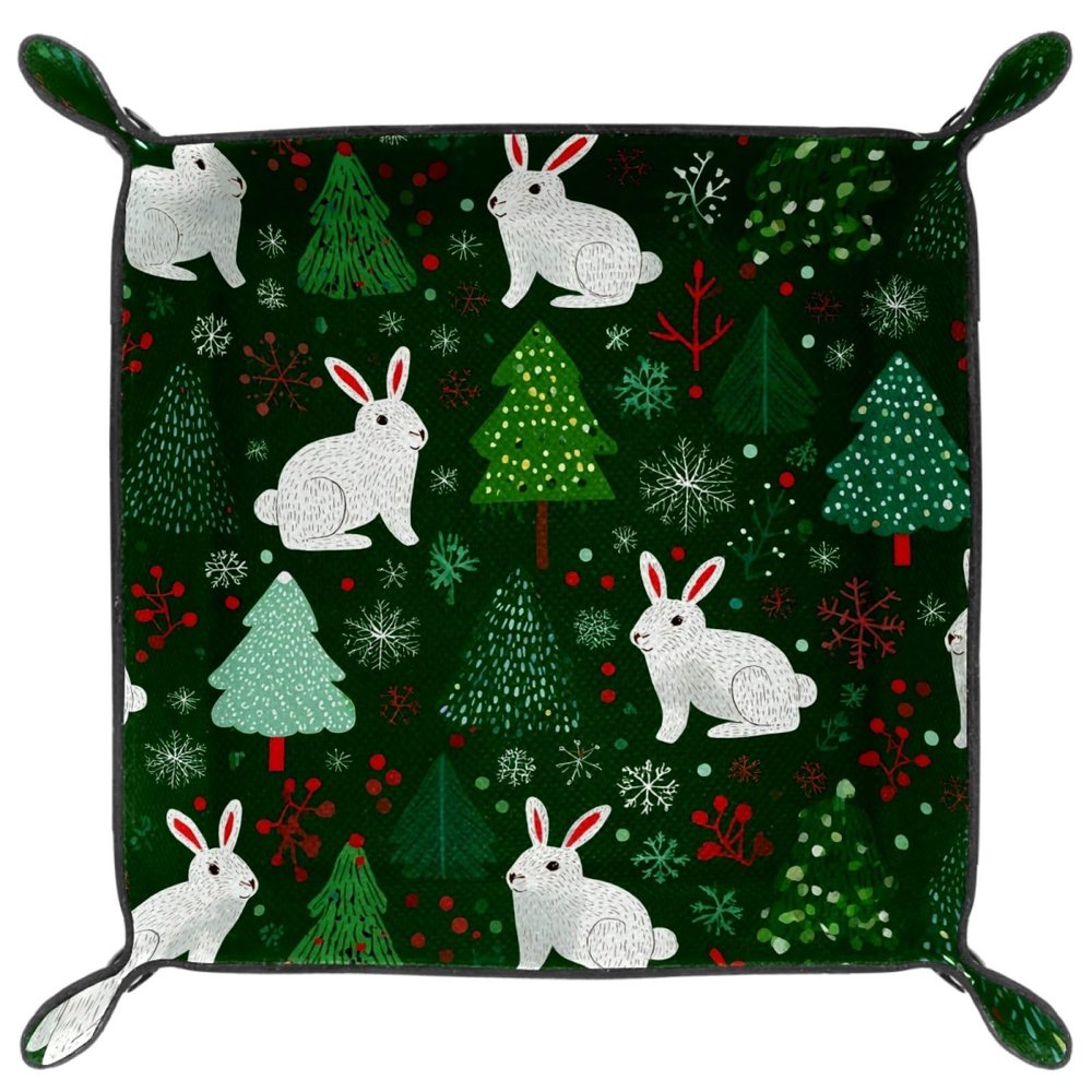 Microfiber Leather Dice Trays Folding for RPG DND Table Games, Dice Holder Storage Box Portable Folding Rolling Dice Tray Christmas Tree Rabbit Pattern, 20.5x20.5cm