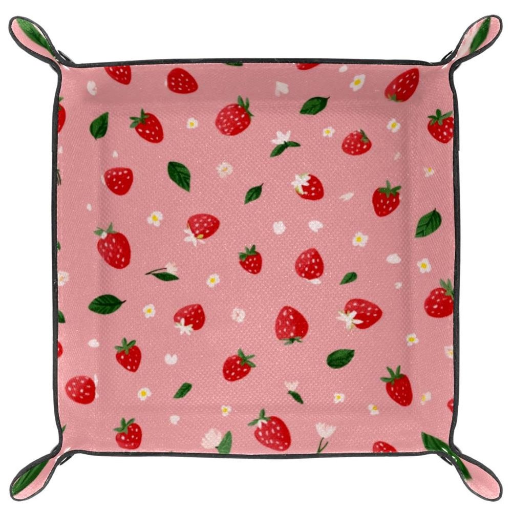 Microfiber Leather Dice Trays Folding for RPG DND Table Games, Dice Holder Storage Box Portable Folding Rolling Dice Tray Daisy Strawberry Pink, 16x16cm