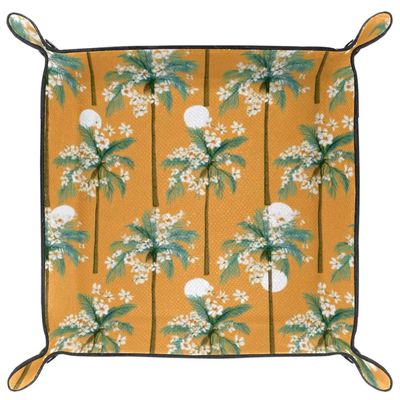 Microfiber Leather Dice Trays Folding for RPG DND Table Games, Dice Holder Storage Box Portable Folding Rolling Dice Tray Coconut Tree Floral Yellow, 20.5x20.5cm