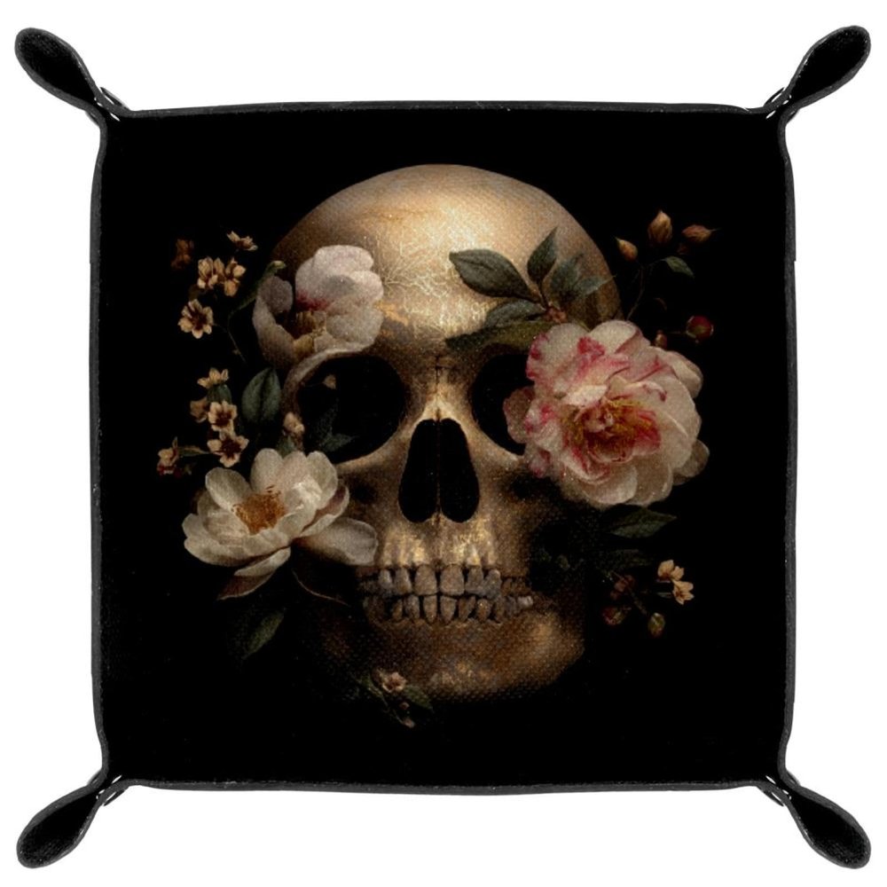 Microfiber Leather Dice Trays Folding for RPG DND Table Games, Dice Holder Storage Box Portable Folding Rolling Dice Tray Flowers Skull, 16x16cm