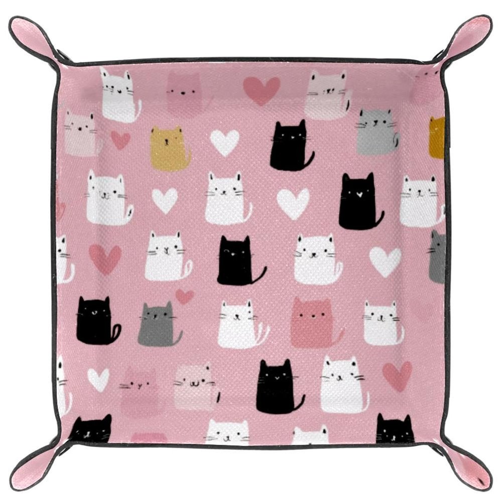 Microfiber Leather Dice Trays Folding for RPG DND Table Games, Dice Holder Storage Box Portable Folding Rolling Dice Tray Cats and Hearts Pink, 16x16cm